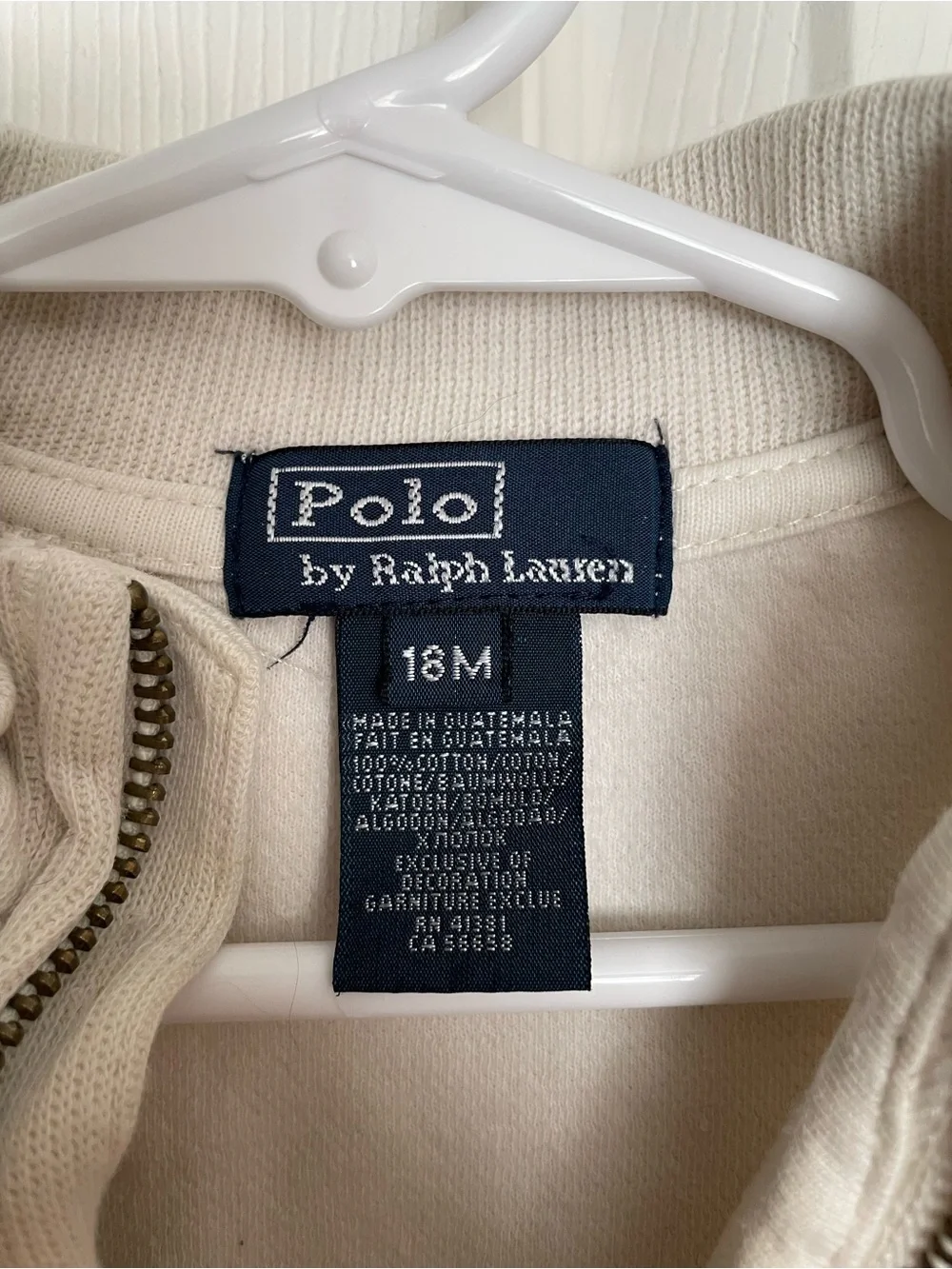 Polo by Ralph Lauren 12-18 Months Cream Half-Zip Hoodie with Dark Green Pony